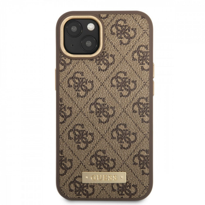 Husa de protectie telefon Guess pentru iPhone 14, 4G and Logo script, MagSafe, Piele ecologica, Maro