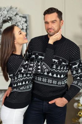 Set Pulovere Craciun Cuplu - Negru cu Motive Traditionale foto