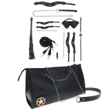 Cumpara ieftin Set OUCH! Kit with Bag - Venice Collection, 9 produse pentru jocuri BDSM, cu cătușe, mască, lesă, căluș, bici și geantă, negru