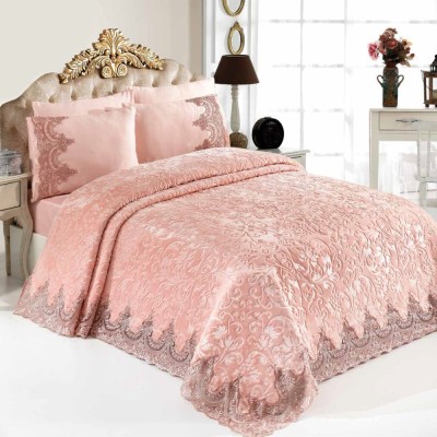 Set Lenjerie + Cuvertura de lux Matlasata cu broderie Eleganta 6 piese Roz Pudra foto
