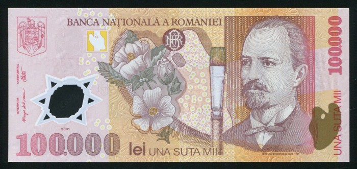 q621 BANCNOTA 100000 LEI 2001 ( 2003 ) POLIMER UNC NECIRCULATA