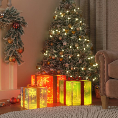 vidaXL Cutii de Crăciun iluminate, 3 buc., 64 LED-uri, alb cald foto