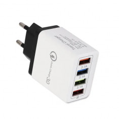 Incarcator rapid de perete Quick Charge 3.0 cu 4 porturi USB, material ignifug, compatibil Samsung, Huawei, Realme, Xiaomi, Oppo