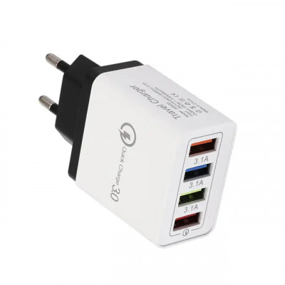 Incarcator rapid de perete Quick Charge 3.0 cu 4 porturi USB, material ignifug, compatibil Samsung, Huawei, Realme, Xiaomi, Oppo foto