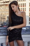 Cumpara ieftin Rochie mini neagra, din paiete, cu o singura maneca, Negru