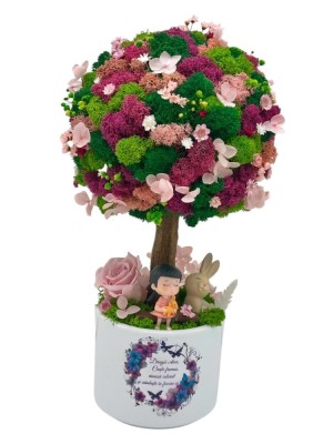 Copacel Decorativ cu Licheni Premium si Flori Criogenate, Figurine, Trunchi Printat 3D, In Ghiveci ceramic personalizat foto