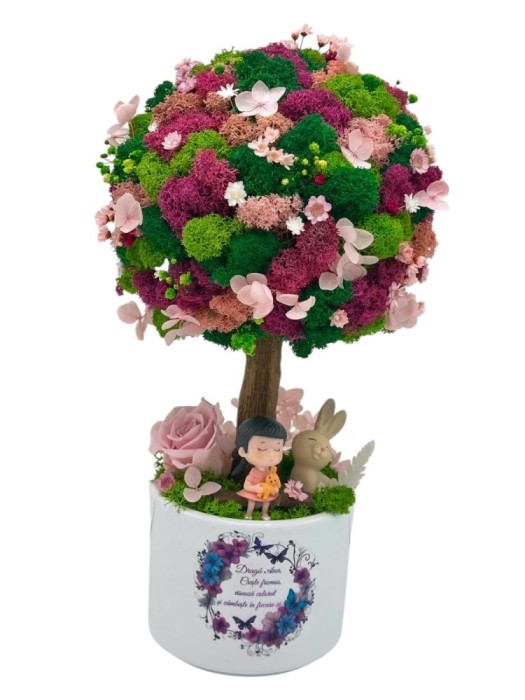 Copacel Decorativ cu Licheni Premium si Flori Criogenate, Figurine, Trunchi Printat 3D, In Ghiveci ceramic personalizat