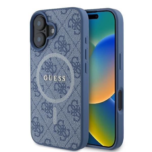 Husa MagSafe pentru Apple iPhone 16, Guess, 4G Ring Classic Logo, Albastra