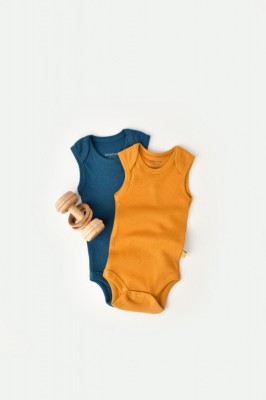 Set 2 body-uri fara maneci bebe unisex din bumbac organic si modal - Bleumarin/Sofran, BabyCosy (Marime: 0-3 Luni) foto