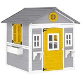 Outsunny Căsuță din Lemn pentru Copii 3-8 Ani, Căsuță de Grădină cu Ferestre, Acoperiș &Icirc;nclinat, Ghivece și Jardiniere, Gri, Galben, Alb | Aosom Roman