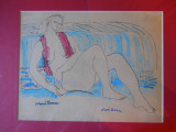 Nuni Dona&quot;Nud pe sofa&quot;,desen acuarelat,17x23cm,rama,sticla,pp, Acuarela, Realism