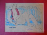 Nuni Dona&quot;Nud pe sofa&quot;,desen acuarelat,17x23cm,rama,sticla,pp, Acuarela, Realism