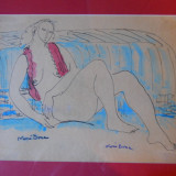 Nuni Dona"Nud pe sofa",desen acuarelat,17x23cm,rama,sticla,pp