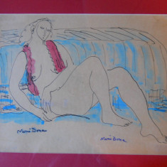 Nuni Dona"Nud pe sofa",desen acuarelat,17x23cm,rama,sticla,pp