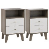 HOMCOM Set de 2 Noptiere Moderne cu 2 Sertare și Spațiu Deschis, Măsuța Laterală pentru Dormitor, 40x34x64 cm, Gri