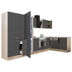 Mobilă de bucătărie de colț Yorki 370, corp din stejar sonoma, față antracit satinat, element cuptor inferior, dulap cu rafturi, frigider congelator i