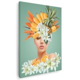Tablou colaj portret femeie cu fructe si flori, galben 1343 Tablou canvas pe panza CU RAMA 30x40 cm