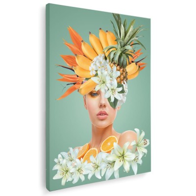 Tablou colaj portret femeie cu fructe si flori, galben 1343 Tablou canvas pe panza CU RAMA 70x100 cm foto