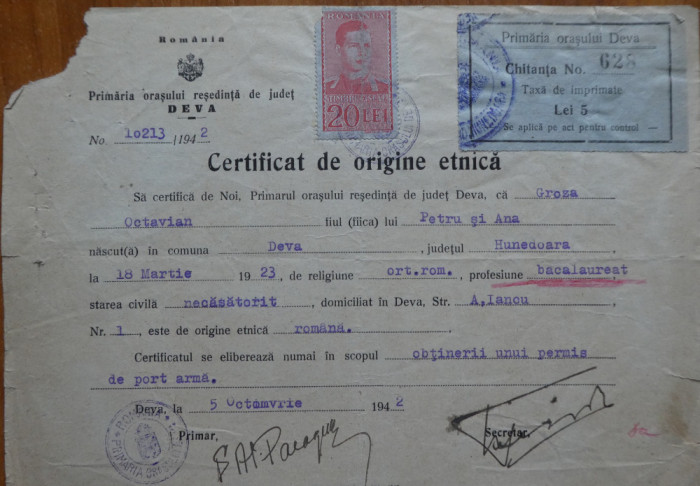 Certificat de origine etnica, Octavian Groza, fratele lui Petru Groza, 1942