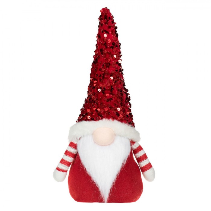 Figurina Decorativă Crăciun, Gnome, Corp Roșu, Căciulă Paiete Roșii, 31 cm