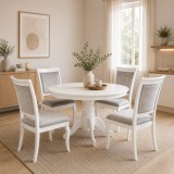 Cumpara ieftin Set masa living si bucatarie KL Livia, MDF Furniruit, structura lemn masiv si 4 scaune AB Albert, stofa,120 kg, 96x42x40 cm, alb gri