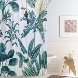 Perdea Duș Poliester, Alb cu Frunze Verzi Tropicale, 180x180cm, 12 Inele Incluse, Oem
