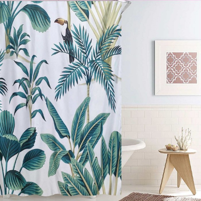 Perdea Duș Poliester, Alb cu Frunze Verzi Tropicale, 180x180cm, 12 Inele Incluse