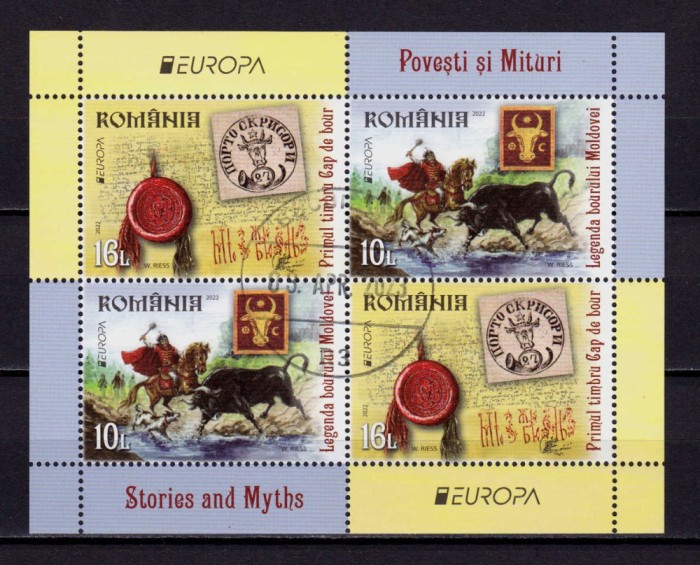 ✅RO 2022 LP 2364 b &quot; Europa - Povești și Mituri &quot;, colita T II /bloc de 2 serii , stampilata
