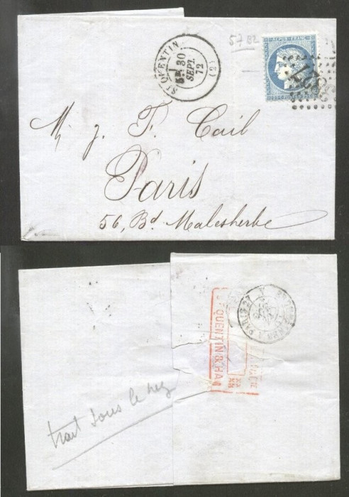 France 1872 Postal History Rare Cover + Content Quentin to Paris D.218