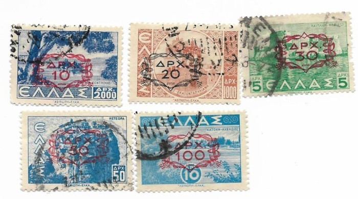 Grecia - Timbre din 1942 &amp; 1944 suprataxate cu negru sau rosu, supratipar - 1946, valori obliterate