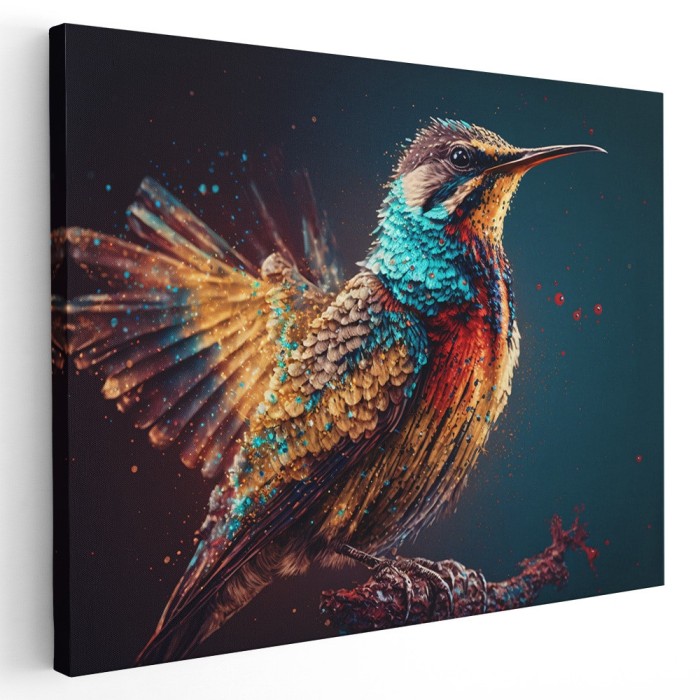 Tablou pasare colibri albastru galben rosu 1625 Tablou canvas pe panza CU RAMA 80x120 cm