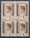 ROMANIA 1945/1947 LP 187 REGELE MIHAI I - UZUALE HARTIE ALBA EROARE PUNCT INTRE 1 SI LEI STANGA SUS BLOC DE 4 TIMBRE MNH PLIU STANGA SUS, Nestampilat
