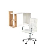 Set birou HM Fino, 2 rafturi, PAL melaminat, 122x57x85 cm, stejar auriu si scaun copii HM Gonzo 2, Ergonomic, tapitat cu piele ecologica, cu brate, 90