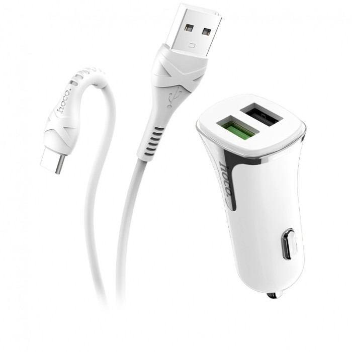 Incarcator Auto cu cablu USB Tip-C HOCO Z31 Universe, 2 X USB, 3.4A, QC3.0, Alb