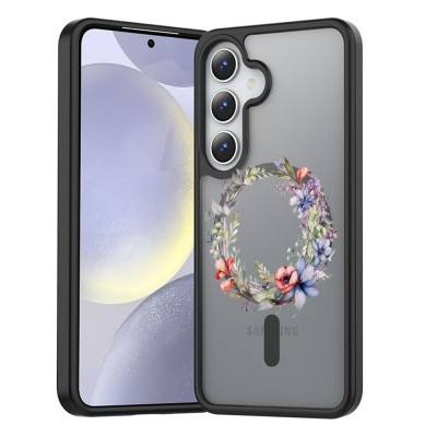Hus&amp;Auml; anti&amp;Egrave;oc magsafe pentru samsung galaxy s25, spate mat anti-amprent&amp;Auml;, floral pink wreath 16, negru foto
