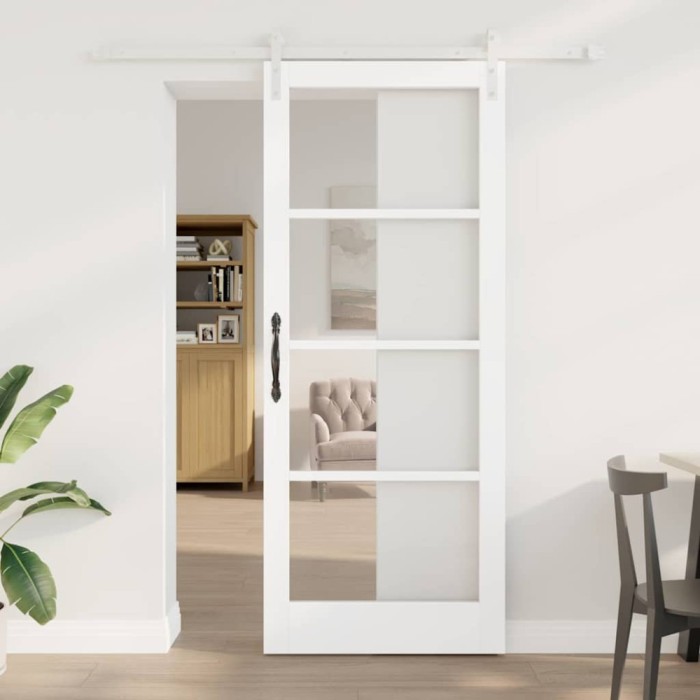 Ușă Glisantă cu Set de Hardware &quot;ORKDAL&quot; Albă Din Lemn Solid și Sticlă