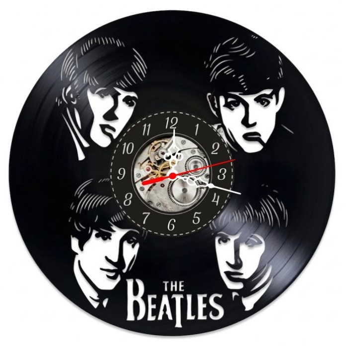 Ceas de perete decorativ realizat manual din disc de vinil, handmade, The Beatles Rock, ideal cadou pentru fani si colectionari muzica, Negru, 30 cm