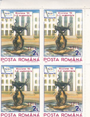 1993 LP 1323 EXPOZITIA FILATELICA RICCIONE SUPRATIPAR BLOC DE 4 TIMBRE MNH foto