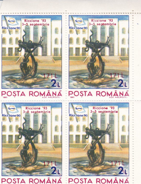 1993 LP 1323 EXPOZITIA FILATELICA RICCIONE SUPRATIPAR BLOC DE 4 TIMBRE MNH