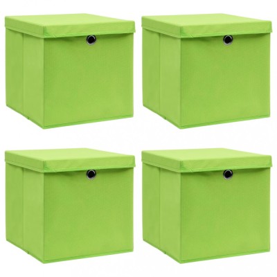 Cutii depozitare cu capace 4 buc. verde, 32x32x32 cm, textil foto