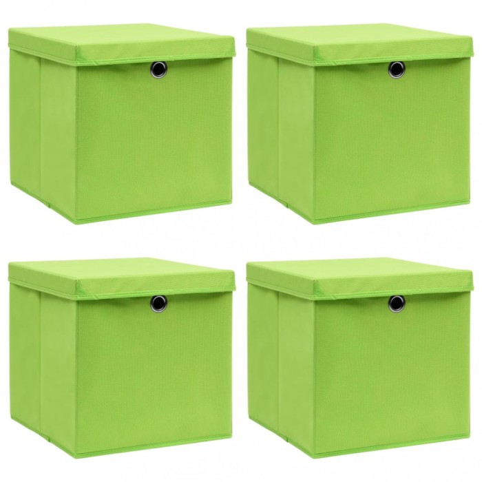 Cutii depozitare cu capace 4 buc. verde, 32x32x32 cm, textil