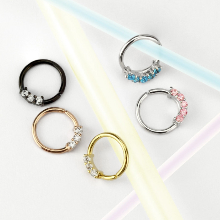 Piercing pentru nas, din oțel - inel cu cinci zirconii, modele de culori diferite - Culoare zirconiu piercing: Argintiu - albastru