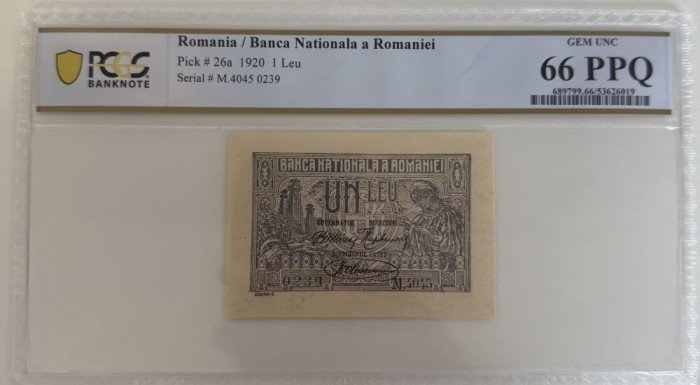 1 leu 1920 PCGS66 UNC bancnota gradata