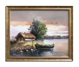 Cumpara ieftin Tablou apus de soare cu barca in Delta Dunarii pictat manual inramat, 55x45cm ulei pe panza, rama din lemn, Geo Ungureanu