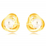 Cercei din aur galben 9K - trei inele &icirc;mpletite &icirc;ntre ele, perla de apă dulce de culoare albă, de 3 mm