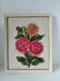 Tablou cu flori dalii pictura pe sticla + fundal de hartie artizanala, rama lemn, Guasa, Realism