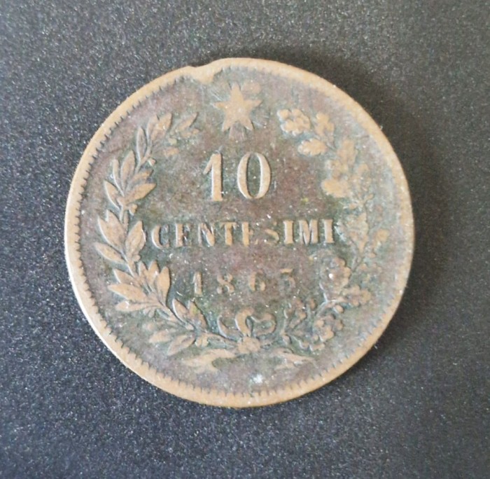 Italia 10 Centesimi 1863 moneda bronz km # 11 Vittorio Emanuele II lea
