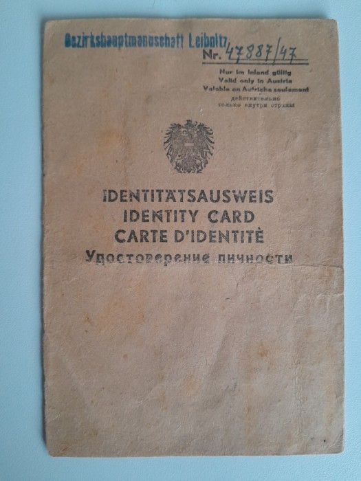 Buletin vechi Carte de identitate Austria 1947 sovietic