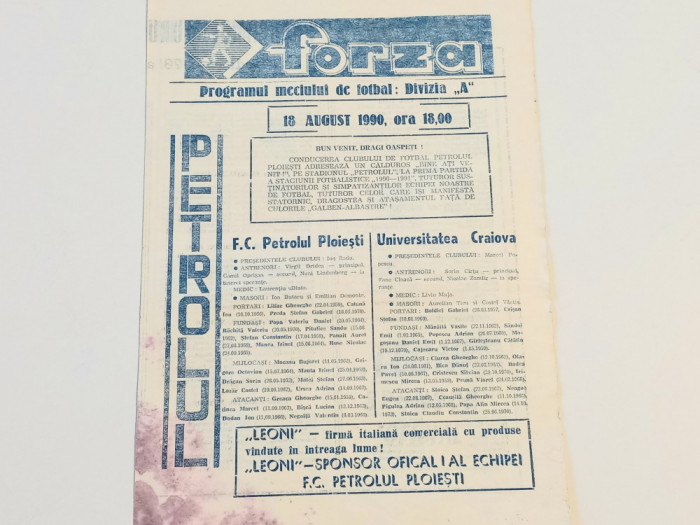 Program meci fotbal PETROLUL PLOIESTI - UNIVERSITATEA CRAIOVA (18.08.1990)