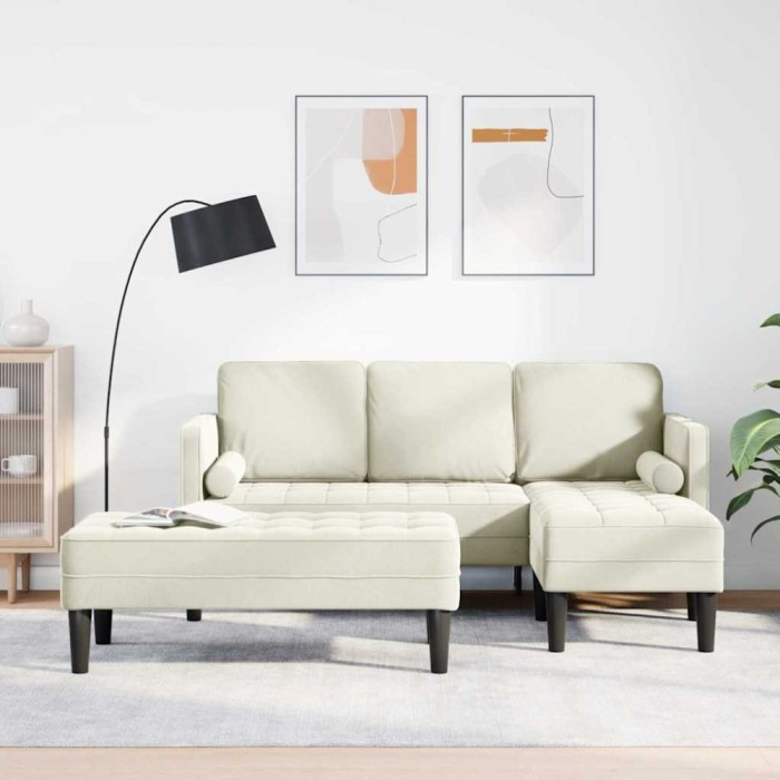Sofa de Grădină vidaXL cu Bancă și Perne &icirc;n Formă de L din Catifea Crem